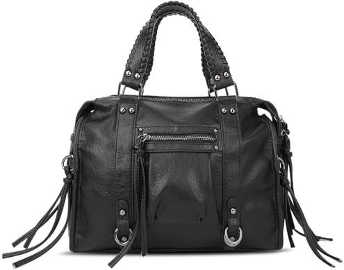 HiTotes Hobo Bag Borsa tote in pelle vegana da donna vintage tote borsa a tracolla con frangia cerniera, 01-nero, 29cm