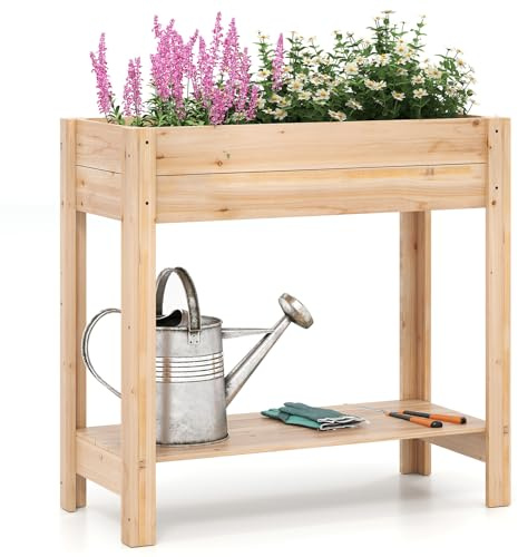GOPLUS Jardinières Exterieur Surélevée en Bois, Carre Potager avec Étagère de Rangement Inférieur, Lit de Jardin en Hauteur, Base à Lattes, Peinture DIY, pour Extérieur et Intérieur, Jardin et Balcon