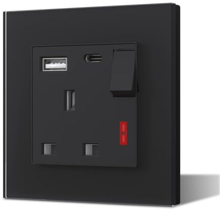 BSEED Plug Socket with 20 W USB-C Fast Charging,Switched Wall Plug,Indicator Light,Glass Panel,UK Standard Electric Power,1 Gang with 20W USB A+C,86mm Black