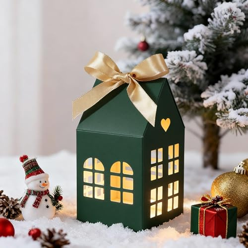 24Pcs Cajitas Regalo Pequeñas Navidad Papel Kraft Casita Ahuecada, Cajas Navideñas Chuches Velas Detalles Dulces Recuerdos Regalitos Invitados Niños Calendario Adviento Decoración Mesa Fiesta (Verde)