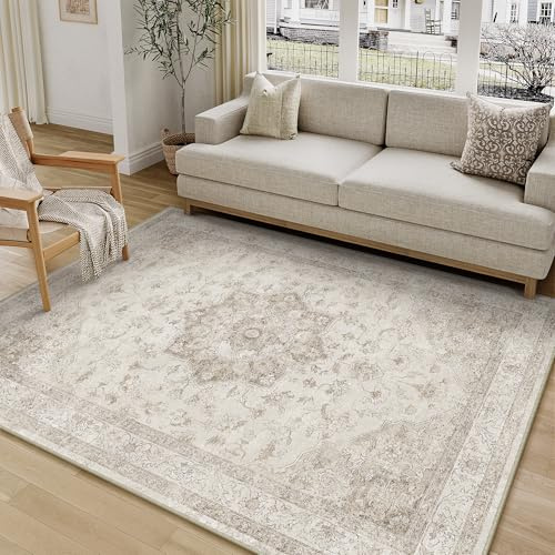 PureCozy Vintage Vardagsrum Matta 120 x 170 cm Stor Beige Mattor Tvättbar Halkfri Golvmatta Sovrum Rug Matsal Kontor Utomhus Barnrum Balkong Rugs Mjuk Kort Lugg Carpet