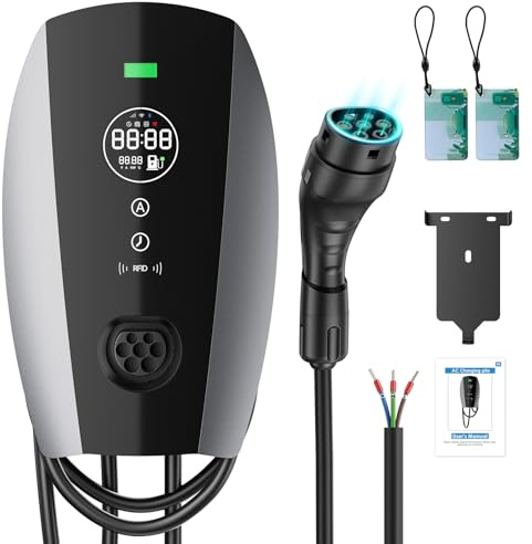 Evjuicion Wallbox 7,4 kw Tipo 2 [6A-32A, 0-12H, Monofase, 2 RFID] Colonnina Ricarica Auto Elettrica Rapida con Display LED, 5 Metros Cavo Ricarica Auto Elettrica Tipo 2 per Uso Interno ed Esterno