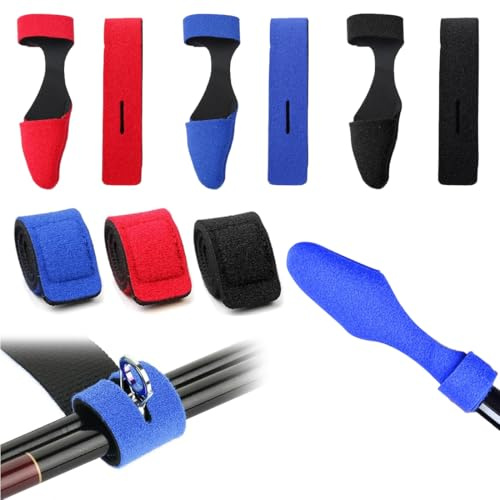 WeddHuis 9 Pezzi Cinghie Elastiche per Canne da Pesca, Fasce Regolabili con Velcro, Cinghie per Canne con Cappuccio, Accessori Morbidi per Legare Canne da Pesca (Rosso, Nero, Blu)