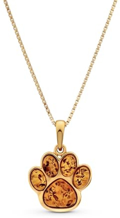 Old English Jewellers 9ct Gold on Sterling Silver 925 Baltic Amber Paw Print Ladies Necklace - Natural Womens Teens Animal Paw Pendant on Italian Box Chain - Pendant only or 16-24 Inch (18 Inch)