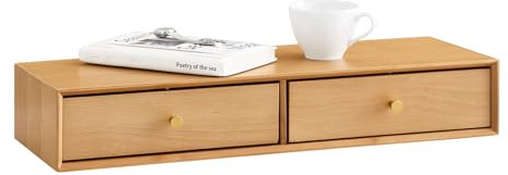 SoBuy Schweberegal mit 2 Schubladen, Wandregal für Schlafzimmer, Flur & Wohnzimmer, Massivbuche, B60 × T20 × H10 cm, Natur, FHK37-N