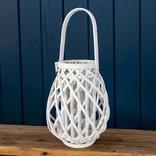 Laterne aus Holz und Rattan weiß 30cm groß, Glas Windlicht Boho Korbgeflecht
