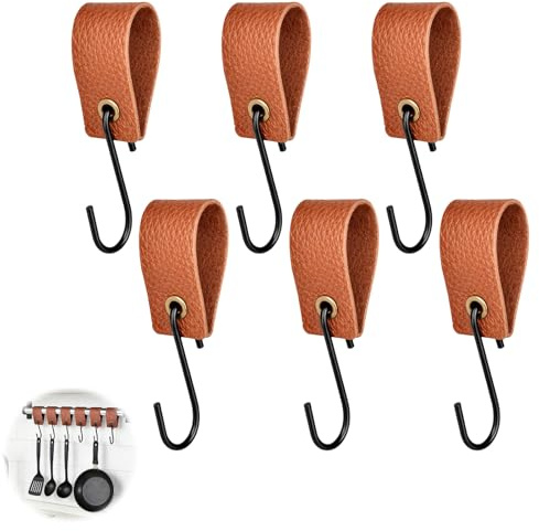 Kluz 6 S-Haken aus Leder und Metall, Haken für Mantel, Haus, Küche, Badezimmer, Fahrradtour, Halterung 5 kg, Braun
