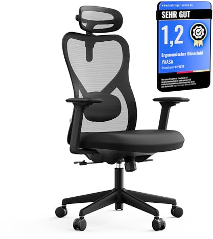 Yaasa Chair Plus, TESTSIEGER-Bürostuhl 2026 mit Kopfstütze & 4D-Armlehnen | Bürostuhl ergonomisch, zertifizierter Drehstuhl für Büro & Homeoffice, 150kg belastbar, 2D-Lordosenstütze&-Kopfstütze, Büro