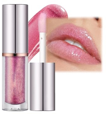Glitter Lip Gloss, Sparkling Iridescent Lip Gloss Moisturizing Hydrating Shimmer Lip Oil, Long Lasting Glitter Pink Liquid Lipstick Holographic lip Makeup