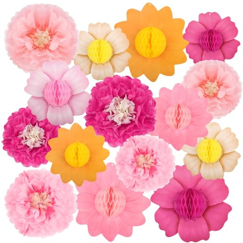 YUE QIN 15 Stück Papierblumen Deko Hängend Rosa Papierblumen zum Aufhängen Papier Pompons Sonnenblume Wabenbälle Papiergirlande für Geburtstag Party Deko Hochzeit Babyparty Tischdeko Abschlussball