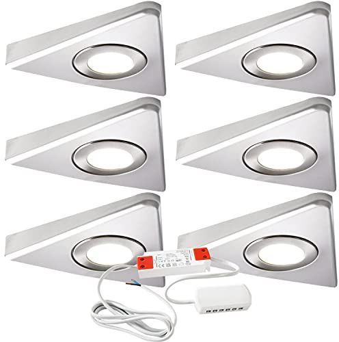6 Stück | helle 2,6 W LED-Unterschrank-Einbauleuchten & Treiber-Kit | Edelstahl & Warmweiß | Moderne schlanke Pyramiden-Beleuchtung | Küchenarbeitsplatte Theke Schrank montiert Unterbauleuchte