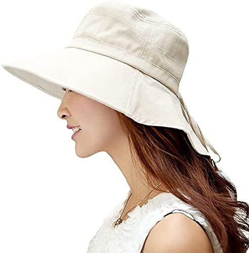 Comhats Klappbarer Sonnenhut UPF 50 + Sonnenschutz mit Nackenschnur für Frauen breite Krempe, S, 1005_Beige