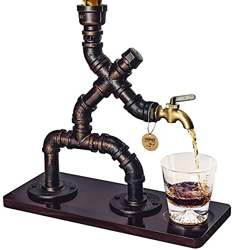 Vida Brillante Handcrafted Liquor Dispenser- Steampunk Pipe Decor, Industrial Whiskey Holder, Rustic Style, Bar Accessories for Home Bar Art (1 Bottle) (Brown)