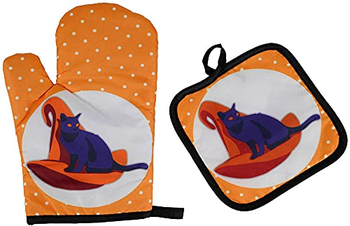 Presine da Cucina Gatto Blu Arancio Guanti da Forno Poliestere Morbido Presine al Calore Fino a 250 ℃ Guanti Forno Cottura al Forno/Forno a microonde / Presine Cucina 17x27cm