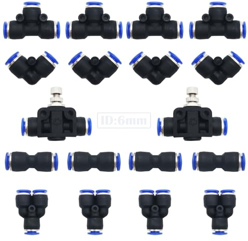 Pneumatik Steckverbinder, CESFONJER 18 pcs Air Push Schnellbefestigungen Kit, für 6mm PU/PE/Nylon Rohr (Y+T+L+I Typ +Rohrdrosselventil Combo)