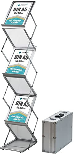 DisplayLager - Prospektständer, Faltbar Inkl. Tragekoffer aus Alu. Bodenprospektständer Hochformat Falt-Prospektständer (Silber, A5)