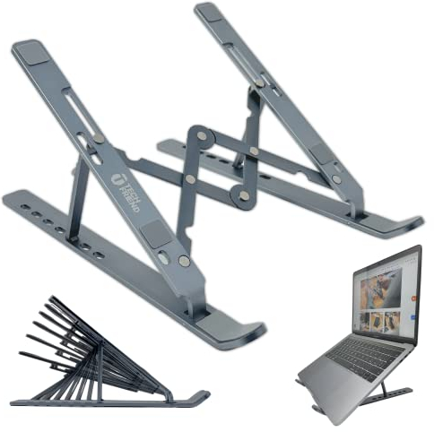 TechFriend - Supporto in Alluminio per Pc Portatili, Leggero Resistente Compatibile per Smartphone Notebook - Stand Da Scrivania - Pieghevole e Regolabile - Ventilato - Doppia X per maggiore sostegno