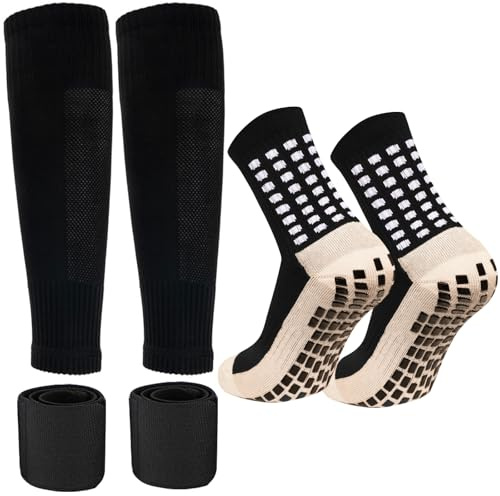 fjberrtsat Men's Soccer Non Skid Ball Socks Anti Slip Grip Non Slip Socks, Shin Guard Sleeves Straps for Football
