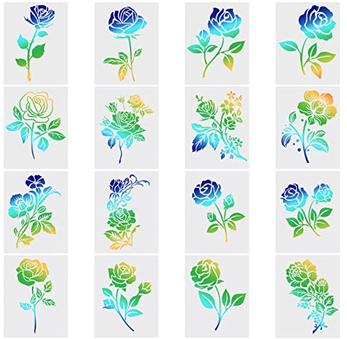 GORGECRAFT 16 Stile 7.8 x 5.8 Rosen-Schablonen Blumen-Zeichnungsschablone Große Blumen-Malschablonen Wiederverwendbare Kunststoff-Kunstvorlagen Blumen DIY-Bastelschablone Zum Malen Auf Wand Leinwand