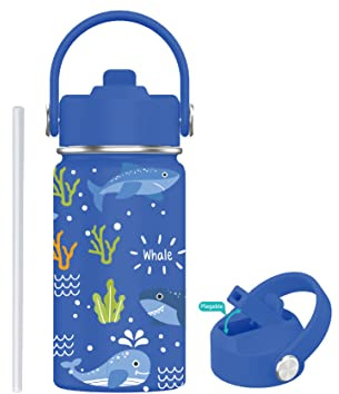 Botella de Agua para Niños de Acero Inoxidable 350ml - Botella Térmica Reutilizable | Sin BPA | Mantiene 24H Frio / 12H Calor | Termo y Hermética - Doble Pared a Prueba de Fugas (Ballena Azul)