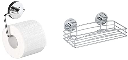 WENKO Vacuum-Loc® Wand Toilettenpapierhalter Milazzo, 13 x 10,5 x 3 cm & Vacuum-Loc® Wandablage, Duschablage im offenen Drahtkorb-Design aus verchromtem Metall für Bad und Gäste-WC, 26 x 5,5 x 15,5 cm