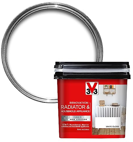 V33 Renovation Radiator & Household Appliance Paint, White Gloss, 750ml | No undercoat needed, Heat resistant to 100°C, Direct to metal & PVC, Ruist & corrosion protection, Excellent adhesion