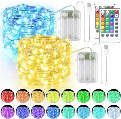 StarryEver Bunt LED Lichterkette Innen Batterie & USB, 16 Farben 4 Modi Kupferdraht Lichterkette für Zimmer mit Fernbedienung Timer, 5M 50 LED Lichterkette Batteriebetrieben für Schlafzimmer Party (2)