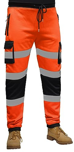 RAK Men’s Fleece Fluorescent Working Trousers Hi-Viz Tape Multi Pockets Elastic Waist Draw String Clouser Elastic Bottom Cuffed (RAK-FWT1-ORANG, XXL) Orange