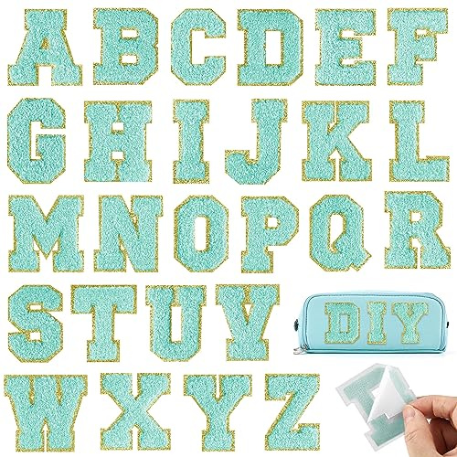 BOUBONI 26 Stück blaue Buchstaben zum Aufbügeln von A bis Z, selbstklebende Chenille-Buchstabenflicken für Stoffkleidung