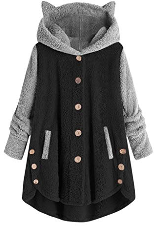 Awrvia PlüSchjacke Damen Oversize Hoodie Warm GefüTterte Fleecemantel Lässige Teddyjacke Flauschig Kätzchen Wintermantel Farbblock Lange Cardigan Kuschelig Kawaii Kapuzenjacke mit Taschen Mantel
