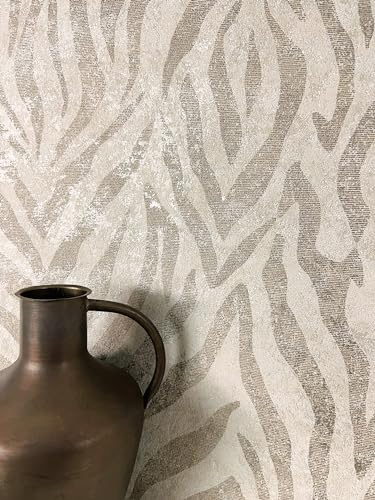 Newroom Vliestapete Beige Streifen Zebra Muster Tapete Wohnzimmer | Warmes Greige leicht schimmernd, Vintageoptik gesprenkelt cremeweiß, Mustertapete Wandtapete natürlich elegant, Schlafzimmer