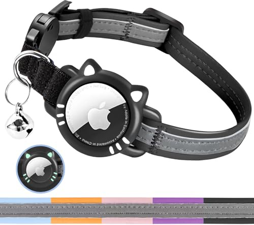 AgoumLux Airtag Katzenhalsband, GPS Tracker Katze Halsband für Apple Air Tag, Reflektierend Katzenhalsband mit Sicherheitsschnalle, Katzenhalsband, Schwarz, S(23-33 cm)