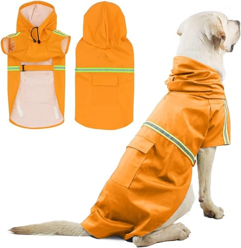 Hunderegenmantel – Wasserdichter Hundemantel mit Kapuze und Reflektoren für trockene, sichere Gassigänge (Orange, L)