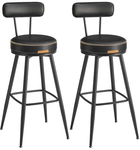 VASAGLE 360° drehbarer Barhocker, 4er Set, mit Rückenlehne, 76 cm hoch | Hocker für Bartisch, Kunstleder mit Nähten, Mid-Century-Modern-Stil, Küche, Hausbar, tintenschwarz, EKHO Kollektion