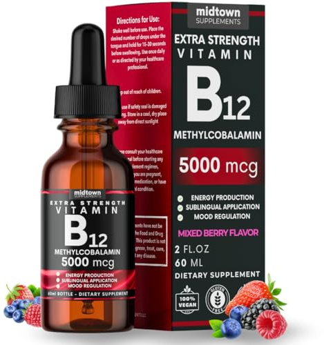 Midtown Supplements B12 Vitamins 5000 mcg - Sublingual B12 Methylcobalamin Drops - Vitamin B 12 for Women and Men - Mood & Energy Booster Methylated B 12 for Metabolism & Health Support