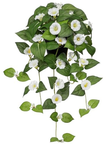 Briful Künstliche Hängepflanze mit Blüten – Weiße Prunkwinde (Morning Glory) im Topf, 65 cm Lang – Kunstpflanze Wie Echt für Innenbereich – Deko für Wohnzimmer, Balkon & Büro
