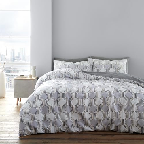 Bianca Atticus Geometric 200 Thread Count Cotton King Duvet Cover Set with Pillowcases Grey