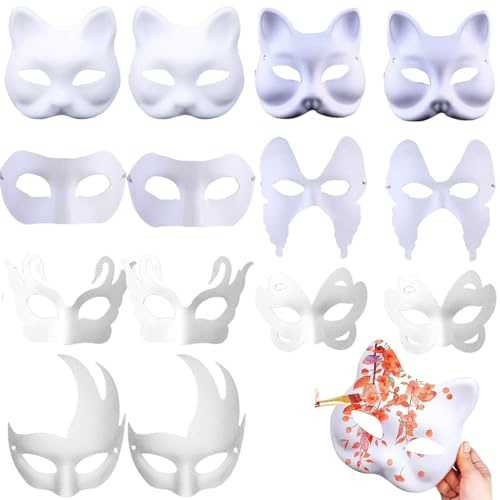 Bssowe 14 Stück Weiße Maske Unbemalt, Tiermasken zum Bemalen, DIY Maskenball Party Maske, Papier Maske Zum Bemalen, Masken zum Bemalen Kinder, für Abschlussball, Karneval, Cosplay, Party Deko