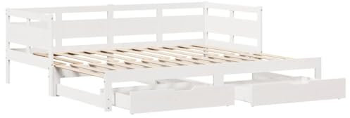 vidaXL Tagesbett, Bettsofa Ausziehbar mit Schubladen, Gästebett ohne Matratze mit Lattenrost, Ausziehbett Schlafsofa, Weiß 80x200cm Massivholz Kiefer