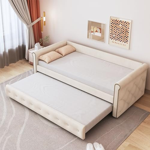 KAZZIO Polsterbett 90x200 Kinderbett ausziehbares Schlafsofa hautfreundlicher Samtstoff Jugendbett Kinderbett Gästebett (Beige/Samt)