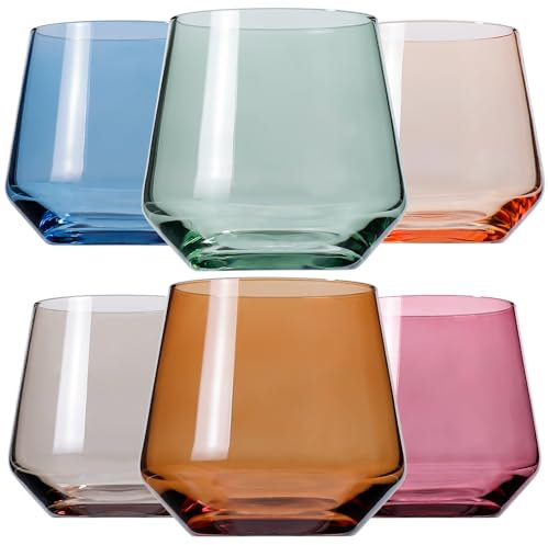 Physkoa CLUSIVC Colored Stemless Wine Glass Set of 6-14oz Wine Glasses, Stemless Drinking Glasses for Wine, Cocktails & Beverages - Elegant Glassware for Home, Bar & Holiday Use