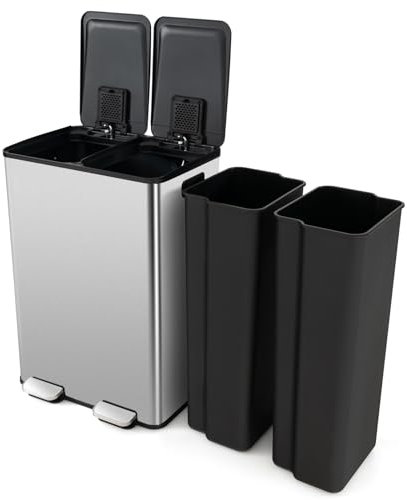 COSTWAY 2 x 30L Cubo de Basura Cocina, Cubos de Basura de Reciclaje de 2 Compartimentos con 2 Tapas, 2 Pedals y 2 Cubos Internos de Plástico, Papelera Cocina de Acero Inoxidable, 28x22x65 cm (Plata)
