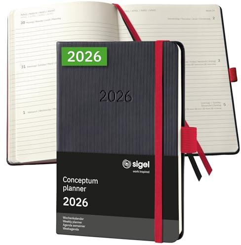SIGEL C2609 Wochenplaner Wochenkalender 2026, ca. A6, schwarz, rot, Hardcover, 176 Seiten, Gummiband, Stiftschlaufe, Archivtasche, aus nachhaltigem Papier, Kalenderbuch Conceptum