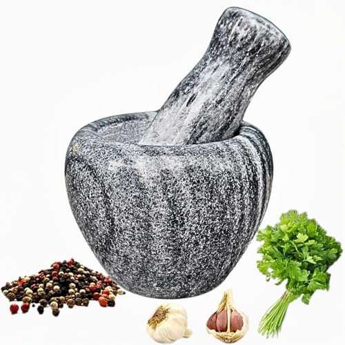 DAMOEX Mortier et pilon de marbre, moulin en pierre pour épices, herbes, ail, café et fruits secs Intérieur texturé pour broyage efficace, facile à nettoyer (graphite, 9 x 12)