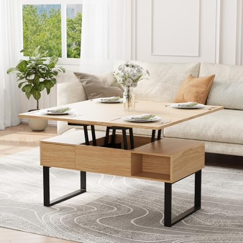 VOWNER Mesa de Centro de Altura Ajustable, Mesa de Salón Multifuncional 3 en 1 con 2 Cajones y Almacenamiento Oculto, se Puede Utilizar como Mesa de Comedor (Color Madera)