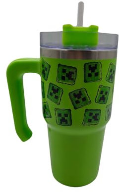 Minecraft 600ml Thermal Mug Water Bottle + Straw & Lid | Leak Proof Travel Cup | Stainless Steel Vacuum Insulated + Handle - Cold for 17Hrs or Hot for 5Hrs, Green
