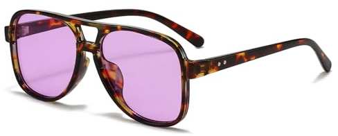 Long Keeper Occhiali da Sole Pilot Occhiali da Sole Anni 70 Vintage Oversize Occhiali Pilota Doppio Ponte Retrò da Guida Protezione UV400 per Donna Uomo (Leopardati Montatura - Viola Lente)