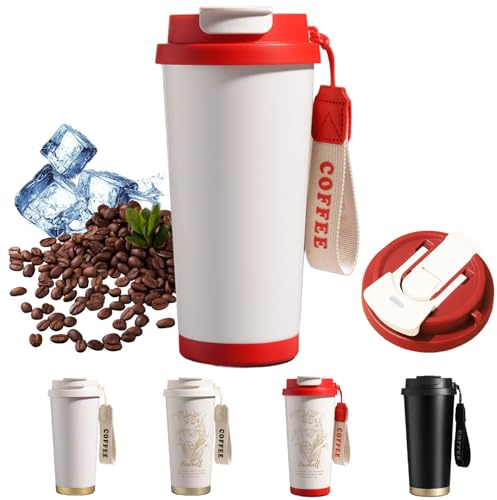 ZHUIYIWIN Termomugg 500 ml, kaffe to go mugg av rostfritt stål, läckagesäker, termosmugg med sugrör, termosmugg för resor, kaffemugg med lock (röd)