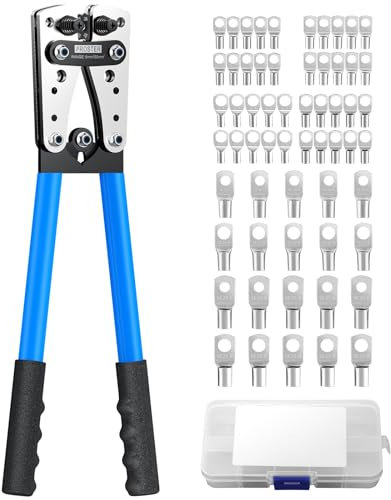 Proster Battery Cable Lug Crimping Tool from Adjustable 6-50mm² (AWG 10 8 6 4 2 0) - Crimper Battery Terminal Tool with 60PCS Copper Ring Terminals for Heavy Duty Wire Lugs, DIY & Electrical Work