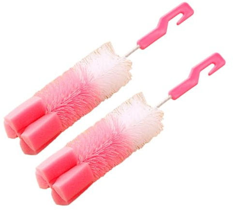 Goupillon de Nettoyage pour Bouteille et Tasse, Lot de 2, Rose | Manche en Plastique, Tête en Éponge et Nylon, Séchage Rapide, Crochet Suspendre, pour Lavage Couleur Aléatoire